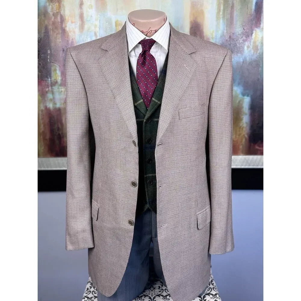 Brioni Nomentano Blazer 44L Cashmere Silk Cream Orange Houndstooth Sport Coat